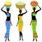 Collection. A slender African-American lady. The girl carries a basket on her head with grapes, bananas, apples. Women are