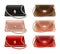 A collection of small theater handbags and purses in different colors