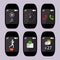 Collection smart watch with icons on the display heart rate, pulse, running, message sms, call, weather, time. Vector illustration