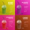 Collection of smoothie or cocktail recipes with colorful drinks made of tropical fruits, berries, chocolate and place