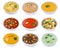 Collection of soups soup in bowl tomato vegetable noodle isolate