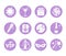 A collection of sparkling violet glitter stylized fancy night club and party circle icons. Music, sound, drink, hookah, disco ball