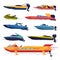 Collection of Speedboat, Sailboat, Power Boat, Modern Nautical Motorized Transport Vector Illustration