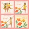 Collection of spring cards. International Women`s Day. Vector vintage template with cute dancing girl and flowers in retro style.