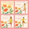 Collection of spring cards. International Women`s Day. Vector vintage template with cute dancing girl and flowers in retro style.