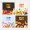 Collection of square cards of flyer templates for fast food, farmer market, seafood festival and bakery products