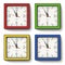 Collection of square wall clocks in red, green, yellow, blue bodies with black edging isolated on white background