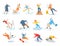 Collection stickers with falling people, vector illustration. Adult man woman character fall on slippery surface