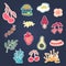Collection stickers of groove psychedelic food elements. Retro design of icons Doodle style graphic Vintage trippy