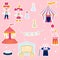 Collection of stickers pink circus. Tent, clown, doll, elephant, garland, carousel, hare