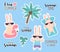 Collection of stickers Summer time. Cute funny bunnies in sunglasses floats on waterproof rubber flamingo ring and