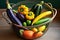 A collection of summer squash, eggplants, and cucumbers in a colorful wire basket, ready to be grilled