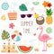 The collection of summer time set. The cute flamingo pineapple coconut juice totoe bag sunglasses starfish lemon beach ball sand