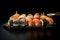 Collection of sushi. Different sets of sushi rolls. Sushi roll with rice, cream cheese, red fish, salmon. Sushi menu. Japanese