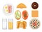 Collection of tasty breakfast on a white background. Sandwiches, eggs, waffle, pancake, porridge. Isolated object on a white