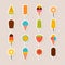 Collection of tasty ice cream stickers. Chocolate and vanilla summer dessert. Set of ice cream cones and popsicle