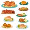 Collection of tasty poultry dishes, fried chicken meat, cutlets, sandwich served on plates vector Illustration on a