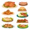 Collection of tasty poultry dishes, fried chicken meat, sausages, burger served on plates vector Illustration on a white