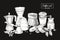 Collection of tools for coffee brewing in black and white colors - moka pot, turkish cezve, kettle with long spout