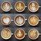 Collection of top view of latte art coffee mugs.