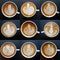 Collection of top view of latte art coffee mugs.