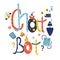 A collection on the topic of chat bot, a set of technological objects, a phone, a robot, a laptop, a tablet, gears. Illustration b