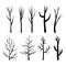 Collection of trees silhouettes, Isolated naked trees set on white background.