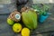 Collection of tropical fruits and open coco - Coconut, Mango, Yuca