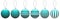 Collection of turquoise glass Christmas balls with a pattern hanging on a thread.