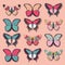 Collection of twelve colorful hand drawn butterflies, pink background