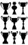 Collection of twelve silhouettes of champion cups in vector. Championship prizes for first place.