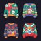 Collection of ugly Christmas sweaters with colorful patterns