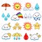 Collection of unusual cartoon and funny smiley weather icons. cute style. Sunny, cloudy, rainy, windy, shiny, bubbles