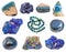 Collection of various azurite mineral gem stones