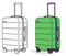 Collection of various baggage with wheels on white background, flat vector illustration