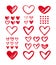 Collection of various brush drawn textured heart shapes