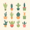 Collection of various cacti in colorful pots. Different types of cactus plants flat design. Desert flora and succulent