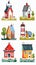 Collection various colorful simple houses buildings illustrations. Graphic style structures