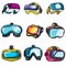 Collection various colorful VR virtual reality headsets, gadgets gaming. Set cartoon style virtual