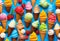 Collection of various delicious ice cream. Lolly ice, cones with different topping, fruit