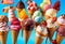 Collection of various delicious ice cream. Lolly ice, cones with different topping, fruit