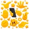 Collection of various emoji yellow hand symbols with smartphone, handshake sign and other gestures. 3d cartoon style