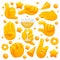 Collection of various emoji yellow hand symbols with wineglass, shaka sign and other gestures. 3d cartoon style