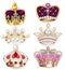 collection of various golden crowns, royal power with precious stones and pearls