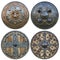 Collection of various military round shields with metal and wood construction and decorative designs