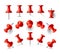 Collection of various red thumbtack. Different angle view. Realistic pins vector set. Vector illustration isolated on