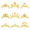 Collection of various royal crowns decorated with shiny gemstones. Golden princess tiara. Precious women s accessories