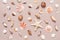 Collection of various seashells and starfish on beige paper background. Top view, flat lay