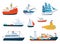 Collection various ships isolated on white background in a flat style. Illustrations of water transport, sailboat