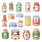 Collection of various tins canned goods food metal container grocery store and product storage aluminum flat label